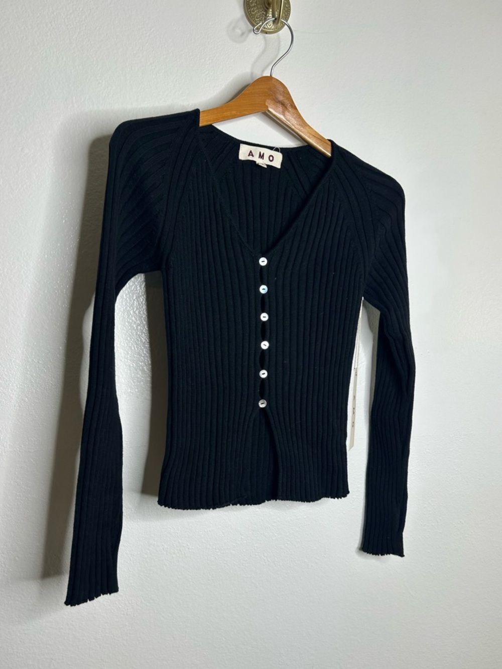 NWT AMO Ada Ribbed Cardigan Sweater Button Down in Vintage Black Size Small